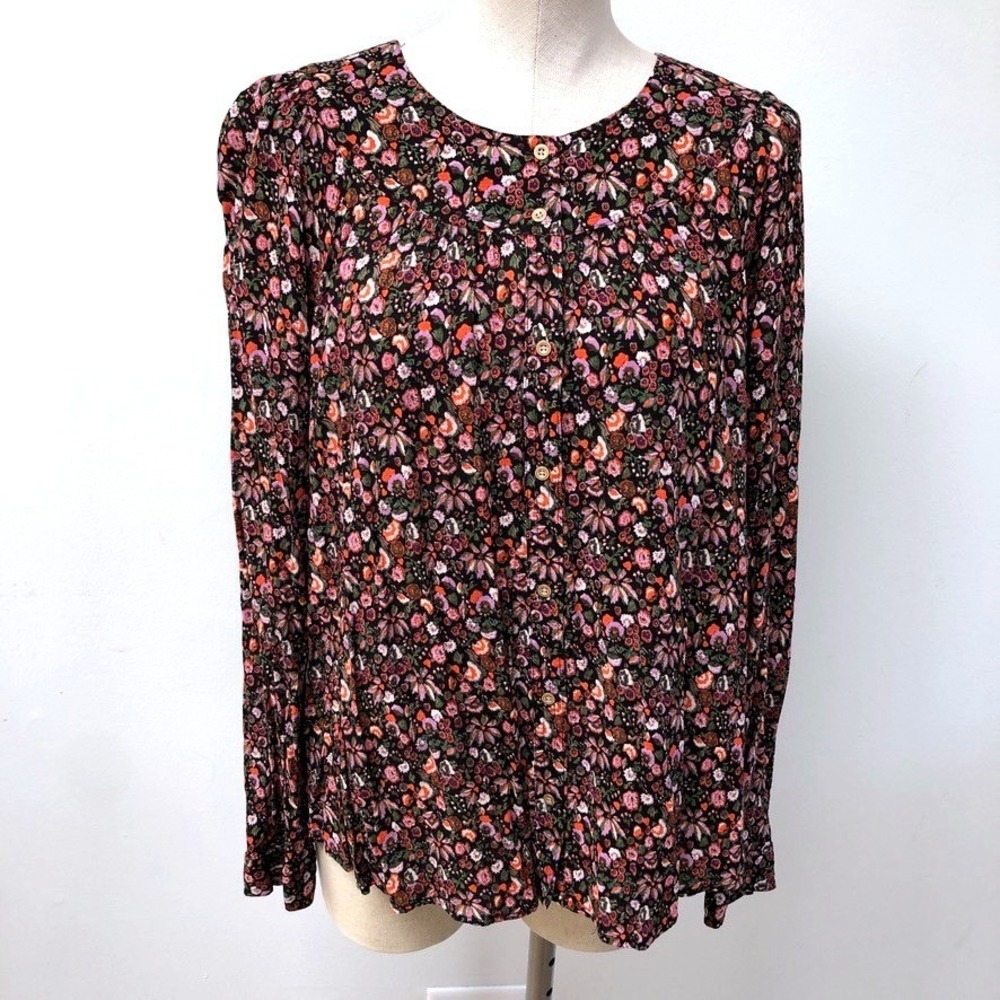 Maeve Blouse Women XL Anthropologie Black Multicolor Floral Rayon Button Down